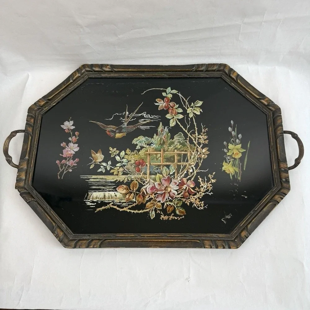 Vintage Dark Floral Tray Glass Top Moody Decor Bird Victorian Revival Black